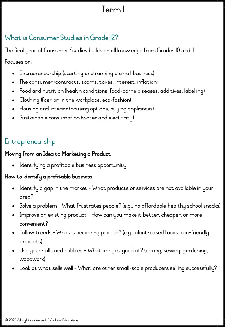 Grade 12 Consumer studies